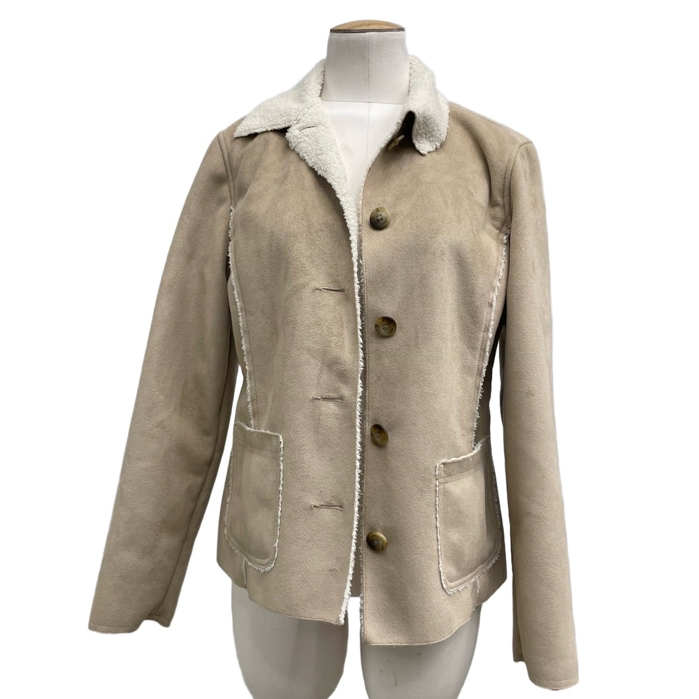 L.L. Bean Tan Cream Fleece Button-Up Shearling Jacket Small